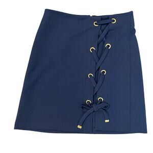 Kensie Lace Up Mini Skirt Gold Grommet Back Zip Textured Navy Blue Women's XS